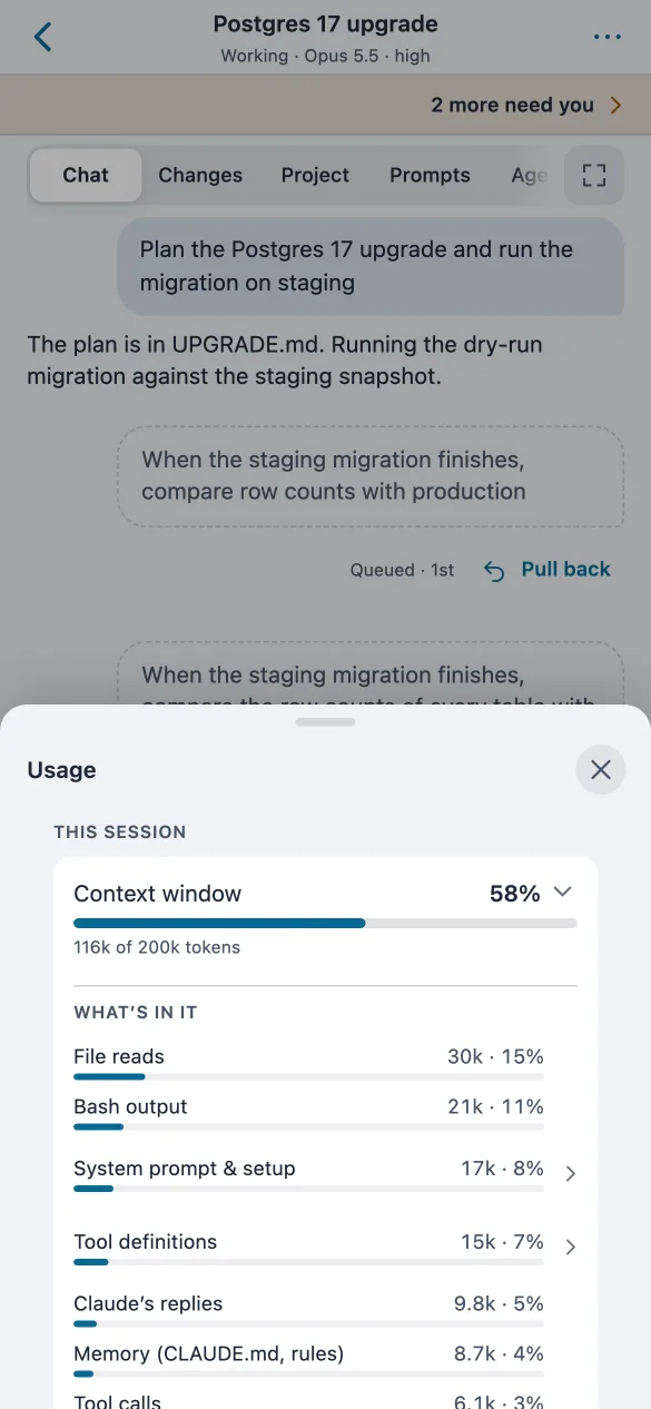 The Usage sheet on the phone: the context window at 58 percent, split into file reads, command output, the system prompt and more.