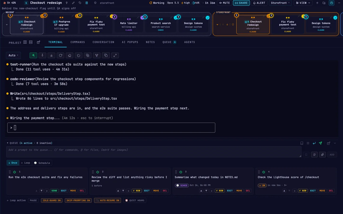A session’s terminal with its prompt queue below: a one-off prompt, a chained review, a scheduled prompt and one that repeats every two hours.