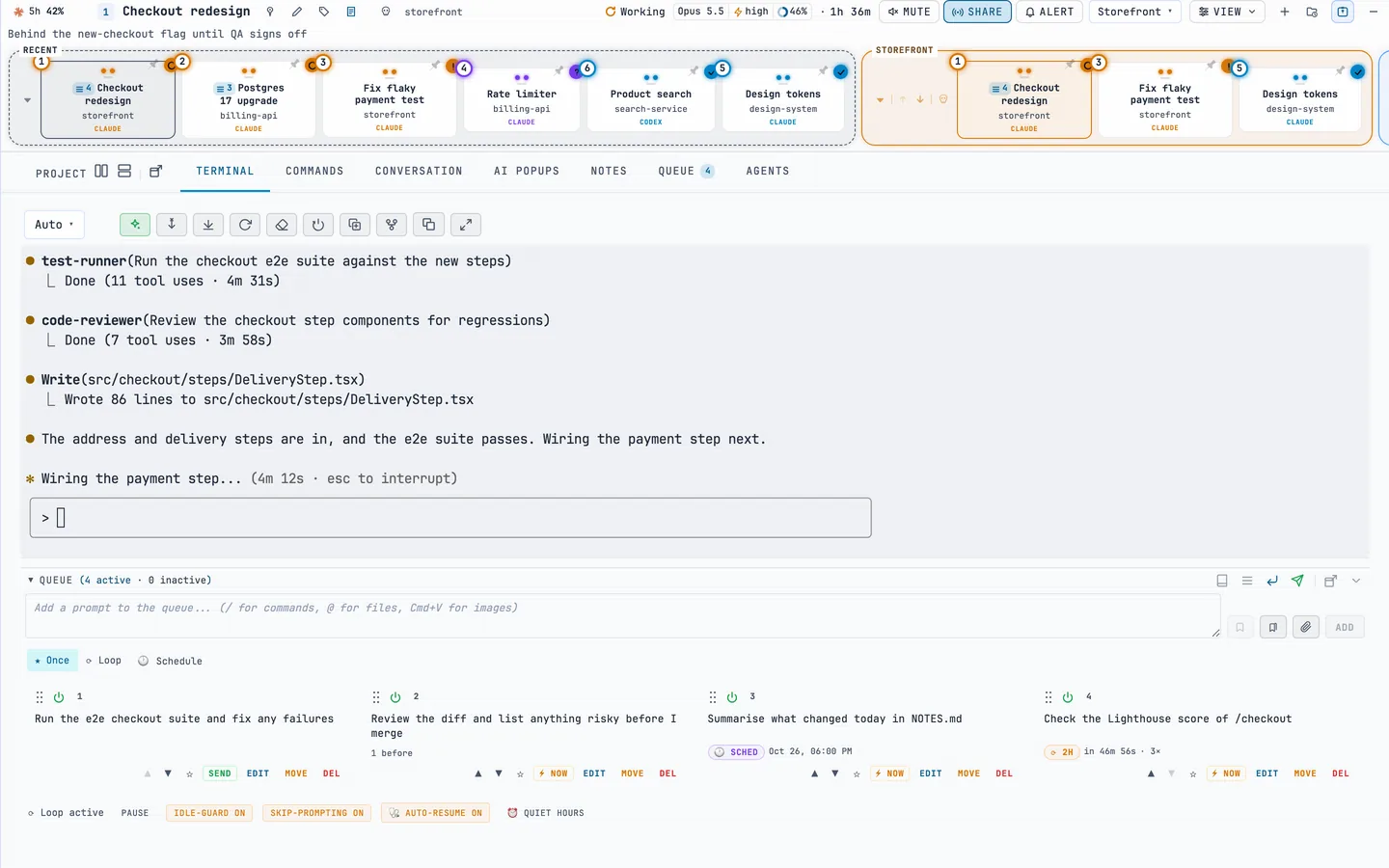 A session’s terminal with its prompt queue below: a one-off prompt, a chained review, a scheduled prompt and one that repeats every two hours.