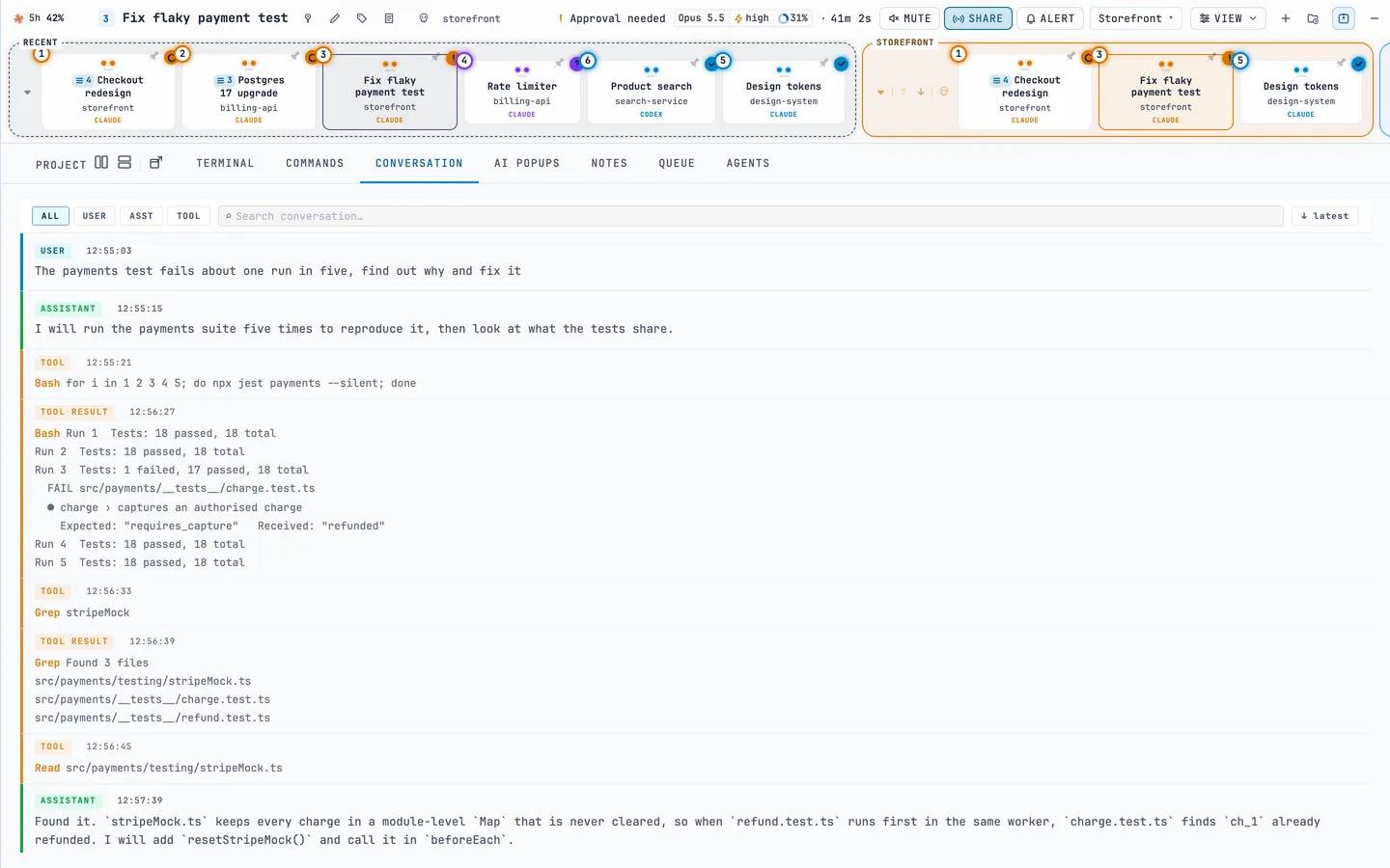 A session open in AASC: the conversation so far, with the model, effort and context usage in the header.