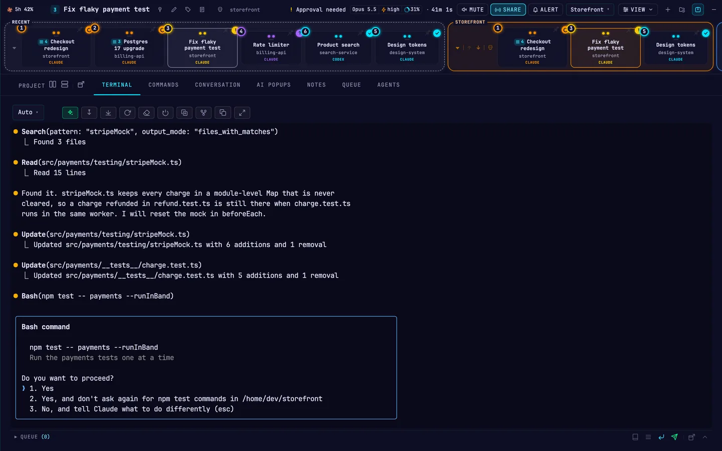 A session’s live terminal in AASC, with Claude Code asking to run npm test.