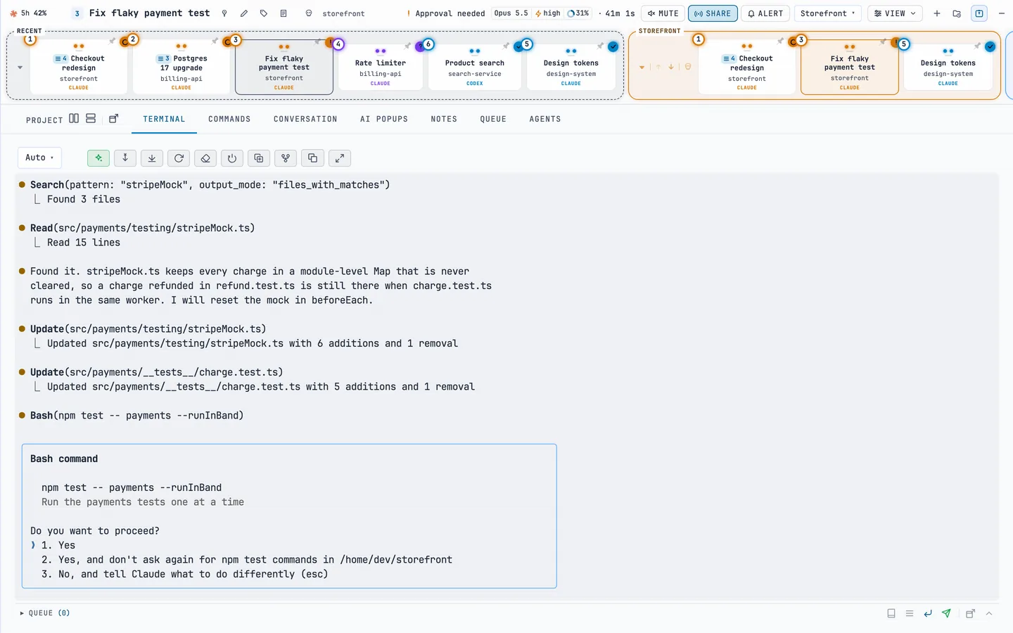 A session’s live terminal in AASC, with Claude Code asking to run npm test.